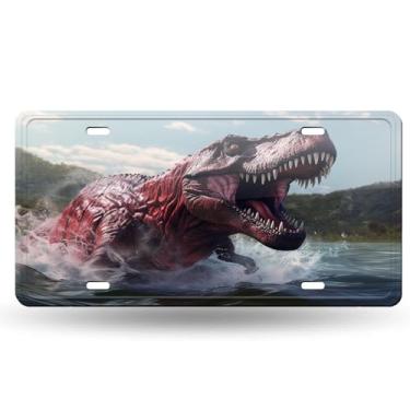 Imagem de Capa de placa de carro arte de caminhada de dinossauro 3D - etiqueta artística de alumínio para carro, à prova de ferrugem, design exclusivo - 15 x 30 cm