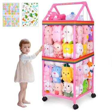 Imagem de FIOBEE Armazenamento de animais de pelúcia zoológico com rodas 360 graus organizador de brinquedos de pelúcia grande gaiola com adesivos DIY para berçário, sala de jogos, quarto de crianças, rosa