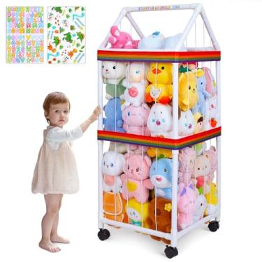 Imagem de FIOBEE Armazenamento de animais de pelúcia zoológico com rodas 360 graus organizador de brinquedos de pelúcia grande gaiola com adesivos DIY para berçário, sala de jogos, quarto de crianças, branco