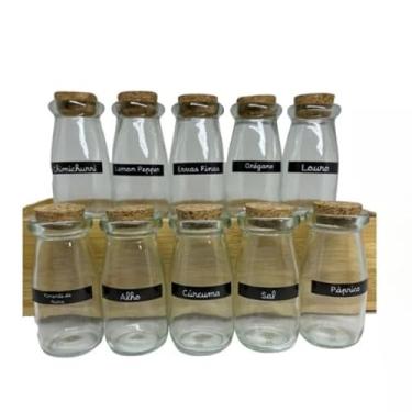 Imagem de Kit Potes para Temperos em Vidro com tampa estilo Rolha + Cartela com Etiquetas(10 Potes + Cartela)