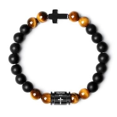 Imagem de ketryep Pulseiras masculinas com contas de pedra vulcânica natural de 10 mm, ônix preto e olhos de tigre, pulseiras cruzadas com versículo bíblico para homens, Natal, aniversário, presentes religiosos
