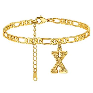 Imagem de Tornozeleiras GoldChic Jewelry com iniciais, personalizadas à prova d'água 4,5 mm de largura redimensionáveis 18K banhado a ouro corrente Figaro inicial letra tornozelo pulseiras para mulheres meninas joias de verão, 22-27 cm de comprimento