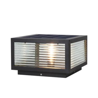 Imagem de CUTPOIY Tampas de poste solares modernas pretas movidas a energia solar luz de coluna solar à prova d'água com cerca de vidro transparente poste lanternas de poste luz solar para fora da casa D, 25 cm