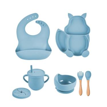 Imagem de Kit 7 Alimentação De Bebe Prato Silicone Infantil Babador (Azul)