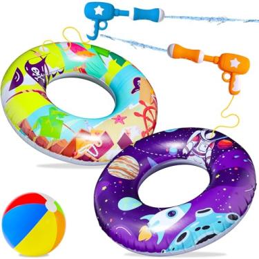 Imagem de FindUWill Pacote Com 2 Boias De Piscina Com 2 Pistolas De Água Para Crianças E 1 Bola De Praia, Boias Infláveis Para Piscina, Boias De Brinquedo Com Câmara De Ar E Pistolas De Água Para Crianças De