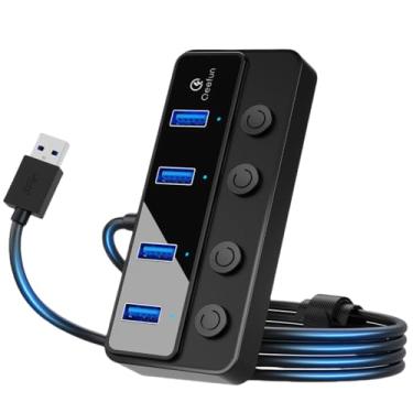 Imagem de Qeefun Hub USB 3.0 de 4 portas, interruptores de alimentação LED individuais, divisor multiportas com cabo de extensão de 1,2 m, extensor USB para laptop, PC, pen drives USB, iMac e mais
