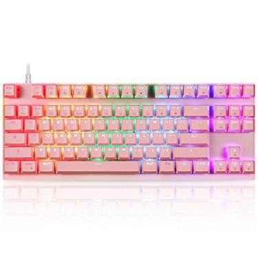 Imagem de Teclado mecânico profissional para jogos MOTOSPEED RGB Rainbow retroiluminado com 87 teclas iluminado por computador teclado USB para jogos para Mac e PC preto, Pink Keyboard Red Switch
