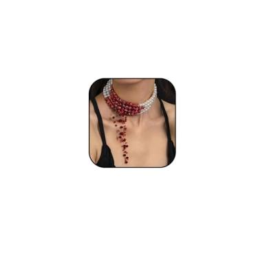 Imagem de Colar feminino de pérolas de sangue pingando no dia das bruxas, gargantilha de pérolas de sangue em camadas ajustáveis, colares góticos de vampiro, punk e bijuteria de fantasia de Halloween, Large