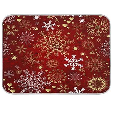 Imagem de Tapete de secagem de pratos vermelho de Natal 40 x 45 cm, flocos de neve, dourado, absorvente de pratos, escorredor de louça, protetor para cozinha, secagem rápida