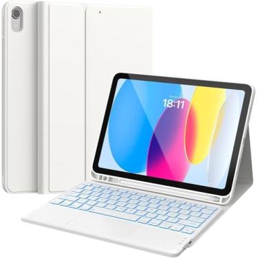 Imagem de Capa com teclado para iPad (A16) 11ª/10ª geração 10.9 polegadas 2025/11 polegadas 2022, teclado destacável retroiluminado de 7 cores (Branco)