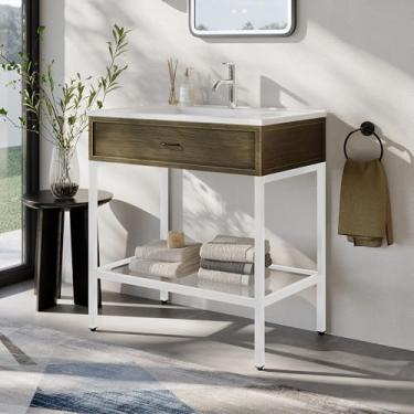 Imagem de Keazile Vaidade de banheiro de 76 cm com pia de resina, conjunto moderno de armário de banheiro de pia única, moldura de metal com prateleira aberta de vidro temperado, armário de armazenamento de