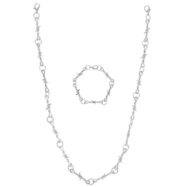 Imagem de LLOUSSAK Conjunto de 2 peças de colar e pulseira de arame farpado, colar gótico de arame farpado prata para homens e mulheres, acessórios punk joias