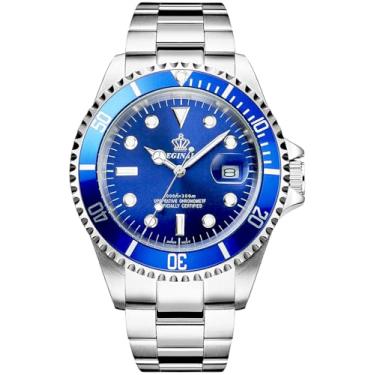 Imagem de Reginald Relógio masculino luminoso de quartzo giratório bisel safira vidro prata aço inoxidável pulseira e caixa à prova d'água esportes preto, Mostrador azul, esportes
