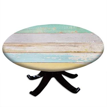 Imagem de Toalha de mesa redonda de madeira com borda elástica, estampa de textura de prancha de madeira, design de impressão 3D, adequada para festas de cozinha de restaurante, adequada para mesa de 122 cm