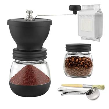 Imagem de Conjunto de moedor de café manual pequeno com rebarba de cerâmica cônica, moedor de grãos de café manual ajustável grosso e fino com 2 xícaras de café de vidro, pincel e colher e 50 peças de sacos de