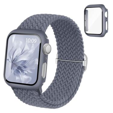 Imagem de Pulseira elástica trançada compatível com relógio Apple e capa de 40 mm, 41 mm, 42 mm, 44 mm, 45 mm, 46 mm, pulseira elástica de nylon e capa protetora com protetor de tela para Apple Watch séries 11