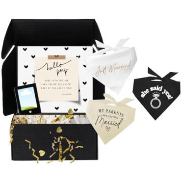 Imagem de Caixa de presente de casamento para cães – 3 bandanas de algodão (meus pais estão se casando, acabaram de casar, ela disse sim) e moldura magnética para fotos 6,3 cm x 3,5 cm | Preto, tamanho único