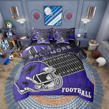 Imagem de Erosebridal Jogo de edredom solteiro com lençol de 7 peças, para fãs de futebol americano, para crianças, meninas, meninos, jogos, rúgbi, roxo, preto (Baltimore)