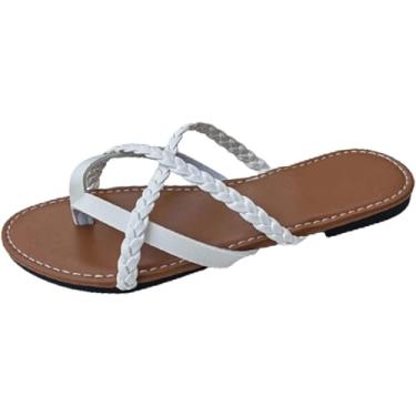 Imagem de Sandálias femininas de tiras, sandália ortopédica, chinelos de tecido, sapatos leves verão com bico redondo, confortáveis ​​e confortáveis, rasteirinhas, chinelo(White,40 EU)