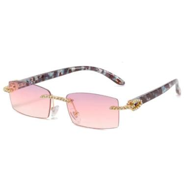 Imagem de VFDHN Óculos de sol retrô retangular pequeno sem aro, masculino e feminino, luxuoso, sem armação, vintage, UV400 (roxo e rosa)