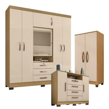 Imagem de Guarda Roupa Casal Imperial Com Armário Multiuso Egito E Cômoda Madri Carvalho Americano Off White - Incorplac