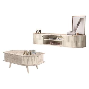 Imagem de Rack Bancada Suspensa Algarve Com Mesa De Centro Indianápolis Calacata Off White – Madetec