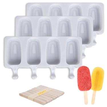 Imagem de Conjunto de 3 moldes de picolé, moldes de silicone para picolé, 4 cavidades, forma oval de bolo, com 50 palitos de madeira para picolé DIY