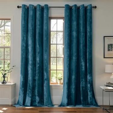 Imagem de SMILETIME Cortinas de veludo esmagado azul tranquilo 132 x 228 cm luxuosas cortinas à prova de som com isolamento térmico para sala de estar, quarto, escritório, tratamentos de janela com filtro de