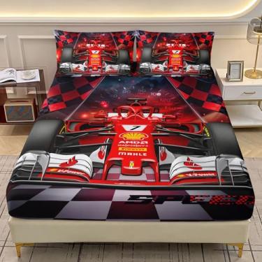 Imagem de AILONEN Jogo de lençol solteiro, carro de corrida vermelho, esportes radicais, carro de corrida de velocidade legal, 3 peças, 1 lençol com elástico e 2 fronhas, macio