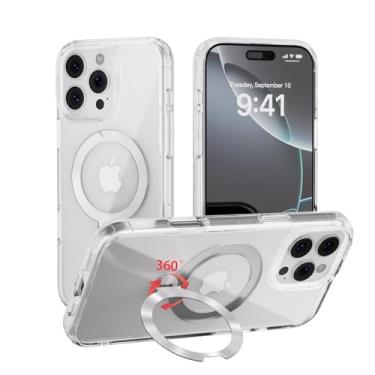 Imagem de MEIMIOU Capa transparente para iPhone 16 Pro com suporte magnético de rotação de 360°, compatível com MagSafe, capa protetora rígida fina de grau militar e suporte de anel de CD, 6,3 polegadas