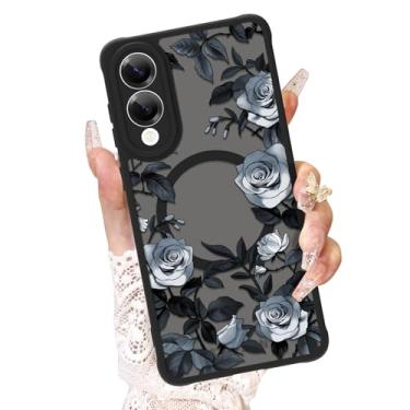 Imagem de AIGOMARA Capa para Samsung Galaxy S25 Edge [compatível com MagSafe] Design de flores rosas brancas translúcidas capa de telefone TPU macio e policarbonato antiarranhões à prova de choque magnética