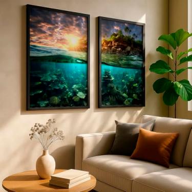 Imagem de Kit 2 Quadros Decorativos Fundo Do Mar Coral Tropical Oceano Colorido Natureza Relaxante Sala Com Moldura
