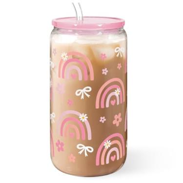 Imagem de Copo de vidro Rainbow de 473 ml com tampa de acrílico e canudo, xícara de café gelado para mulheres e meninas, copos estéticos presentes para aniversário e Natal