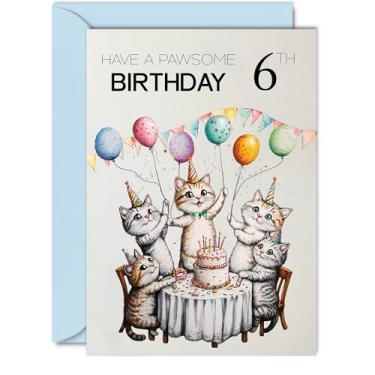 Imagem de Cartão de aniversário de 6 anos para meninos e meninas - balões de gatos de festa pawsome - Cartões de feliz aniversário para meninos e meninas de 6 anos, cartões comemorativos de aniversário de gato