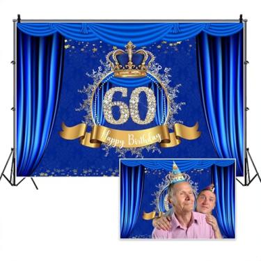 Imagem de TTQYFNM 2,4 x 1,8 m, pano de fundo de aniversário de 60 anos, cortina azul royal, coroa de rei dourado, fundo fotográfico de feliz aniversário para homens, pai, 60 anos, decoração de festa de