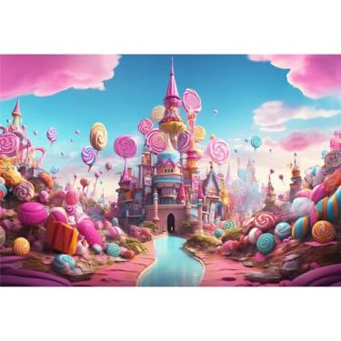 Imagem de Yeele 2,1 x 1,5 m Castelo Candyland pano de fundo de conto de fadas céu azul rosa nuvens pirulito fantasia mundo fotografia fundo para meninas, festa de aniversário, chá de bebê, decoração de mesa