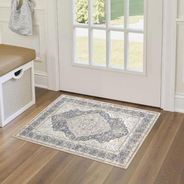 Imagem de homewill Tapete de entrada lavável 2x3: tapete de área floral vintage antiderrapante macio para cozinha, quarto, tapete durável para porta da frente, alpendre, capacho para decoração de casa (azul