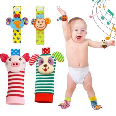 Imagem de Combo 2 Meias e 2 Pulseiras de Bebê com Chocalhos de Animais Macias com Som, 0 a 2 Anos, Porquinho Colorido
