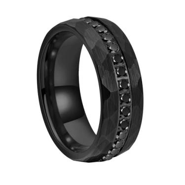 Imagem de Hioleegi alianças de casamento masculinas de tungstênio preto de 8 mm CZ zircônia incrustada com borda martelada irregularmente, anéis masculinos de tungstênio, ajuste confortável, tamanho 8, pedra