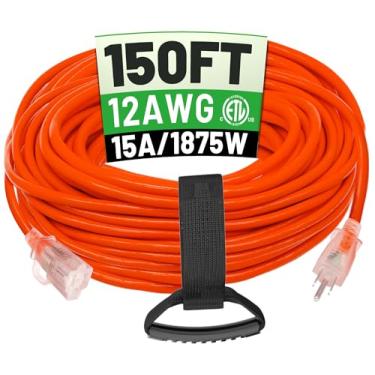 Imagem de POWGRN Cabo de extensão externo 12/3 de 45,7 m, impermeável, resistente, com extremidade indicadora iluminada, calibre 12, 3 pinos, cabo de alimentação longo flexível resistente ao frio, externo