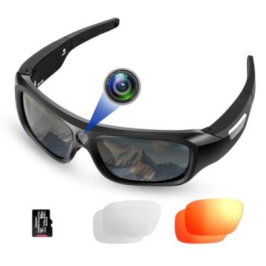 Imagem de FlyGift Câmera de vídeo 4K 2160P FHD esportiva e de ação, óculos de sol com proteção UV400 lentes polarizadas + lentes amarelas transparentes/deslumbrantes para esportes ao ar livre (cartão TF de 64