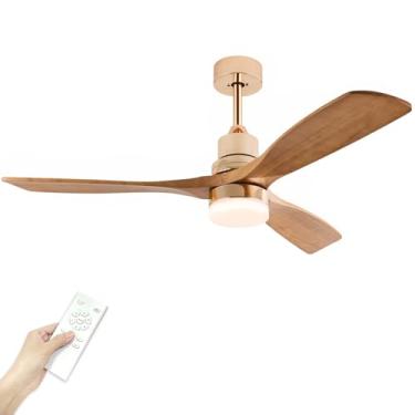 Imagem de Ventilador de teto interno moderno com controle remoto de luz, 3 lâminas de madeira maciça, motor CC de 6 velocidades, LED de duas cores de 22W, lustre de ventilador de teto externo para sala de estar