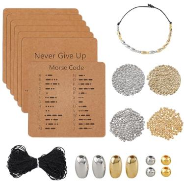 Imagem de DICOSMETIC Kit de contas de pulseira com código Morse DIY ajustável, kit de colares, incluindo 1200 peças, 2 estilos, contas de plástico, 10 m, cordões encerados, 18 peças, cartões de exibição de