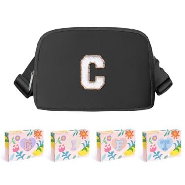 Imagem de COSHAYSOO Pochete de cintura pequena para cinto com patch de letra inicial alça ajustável para mulheres homens adolescentes menina menino corrida viagem academia caminhada, mini bolsa de viagem transversal moderna bolsa preppy bolsa preta, C, Preppy