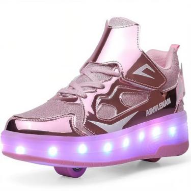 Imagem de Ylllu Tênis infantil de patins LED com luz de roda única para meninas, meninos e crianças, 9623-rosa, 19