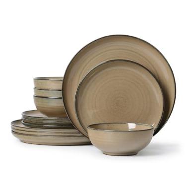 Imagem de Conjunto de louça de cerâmica, 12 peças, tigelas de cereal, conjuntos de pratos esmaltados reativos, prato de grés moderno