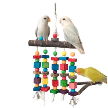 Imagem de Brinquedos naturais de mastigação de pássaros para periquito - mordidas de gaiola de papagaio, blocos de madeira coloridos, brinquedo de calopsita para papagaios e pássaros pequenos e médios periquito
