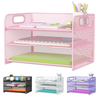 Imagem de Samstar Bandeja organizadora de papel rosa de 3 camadas com alça, organizador de mesa de malha, organizador de papel, prateleiras de arquivo, rosa
