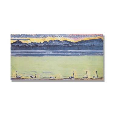 Imagem de Pinturas a óleo famosas, (Lago Genebra 18) por Ferdinand Hodler, reprodução impressa em tela, arte de cenário para decoração de sala de estar. Somente tela de 75 x 150 cm - 29,5 x 59,0 pol
