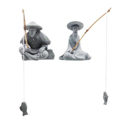 Imagem de MinrzPet Pacote com 2 estatuetas de tanque, arenito zen asiático, sentado, pescador, estátua de ancião, decoração de jardim zen, decoração para aquário, terrário, casa